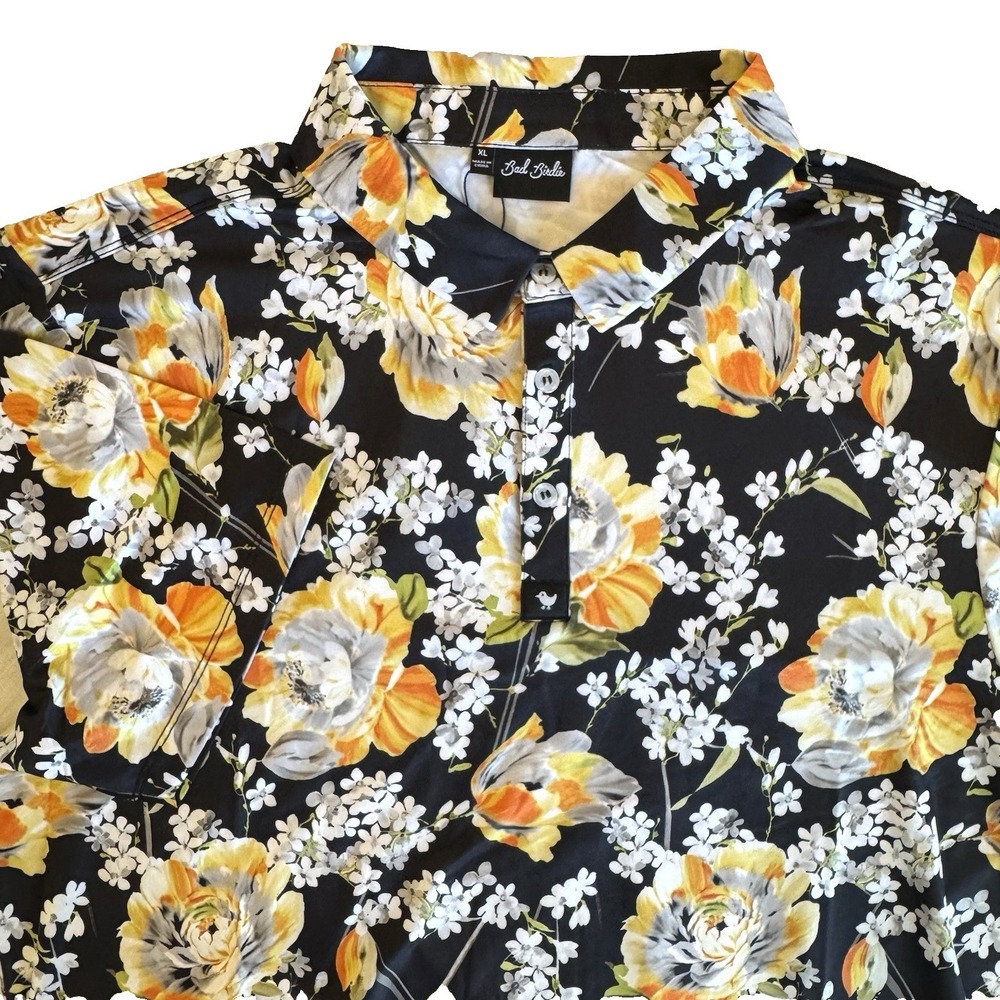 Bad Birdie Polo Shirt Mens XL Black Yellow Huntington Floral Performance Golf